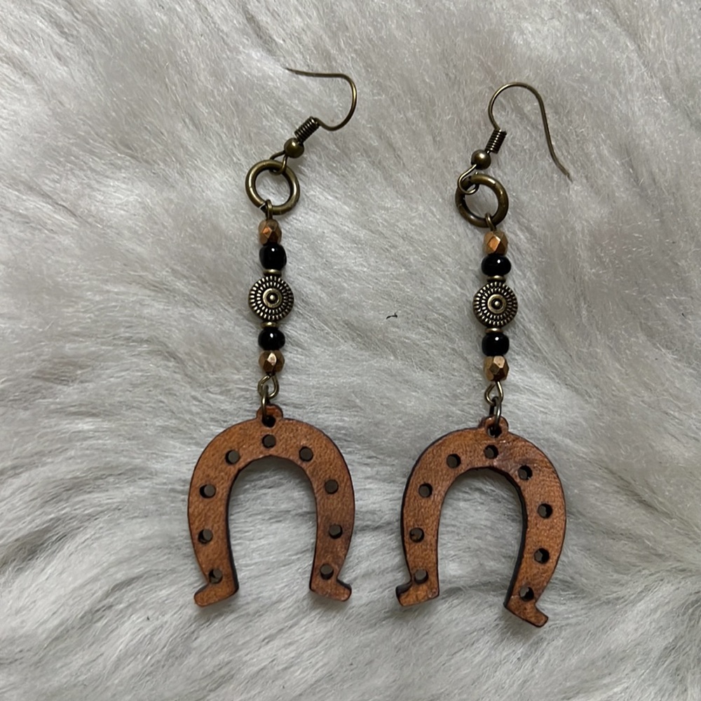 HAND CRAFTED French Hook Leather Horseshoe and Bead Earrings